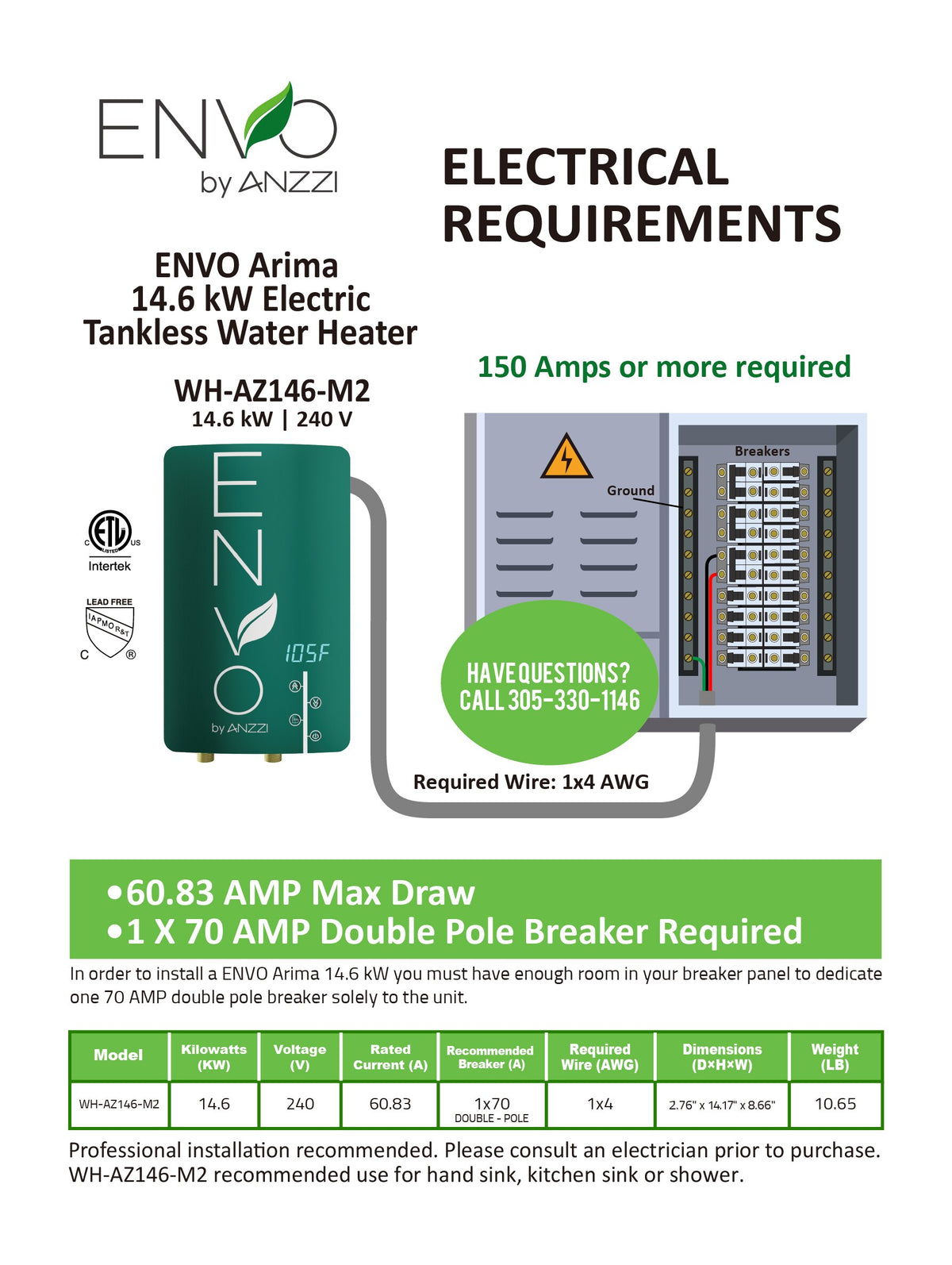 ANZZI WH-AZ146-M2 Electric Tankless Water Heater